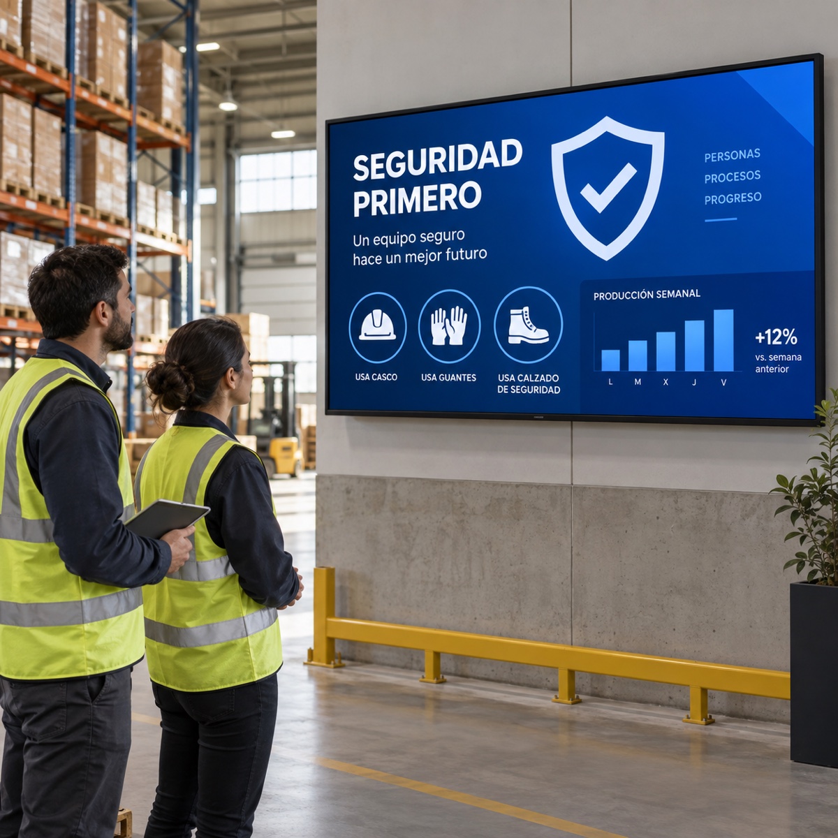 Trabajadores en una planta consultan una pantalla con mensajes de seguridad y contenido del turno.