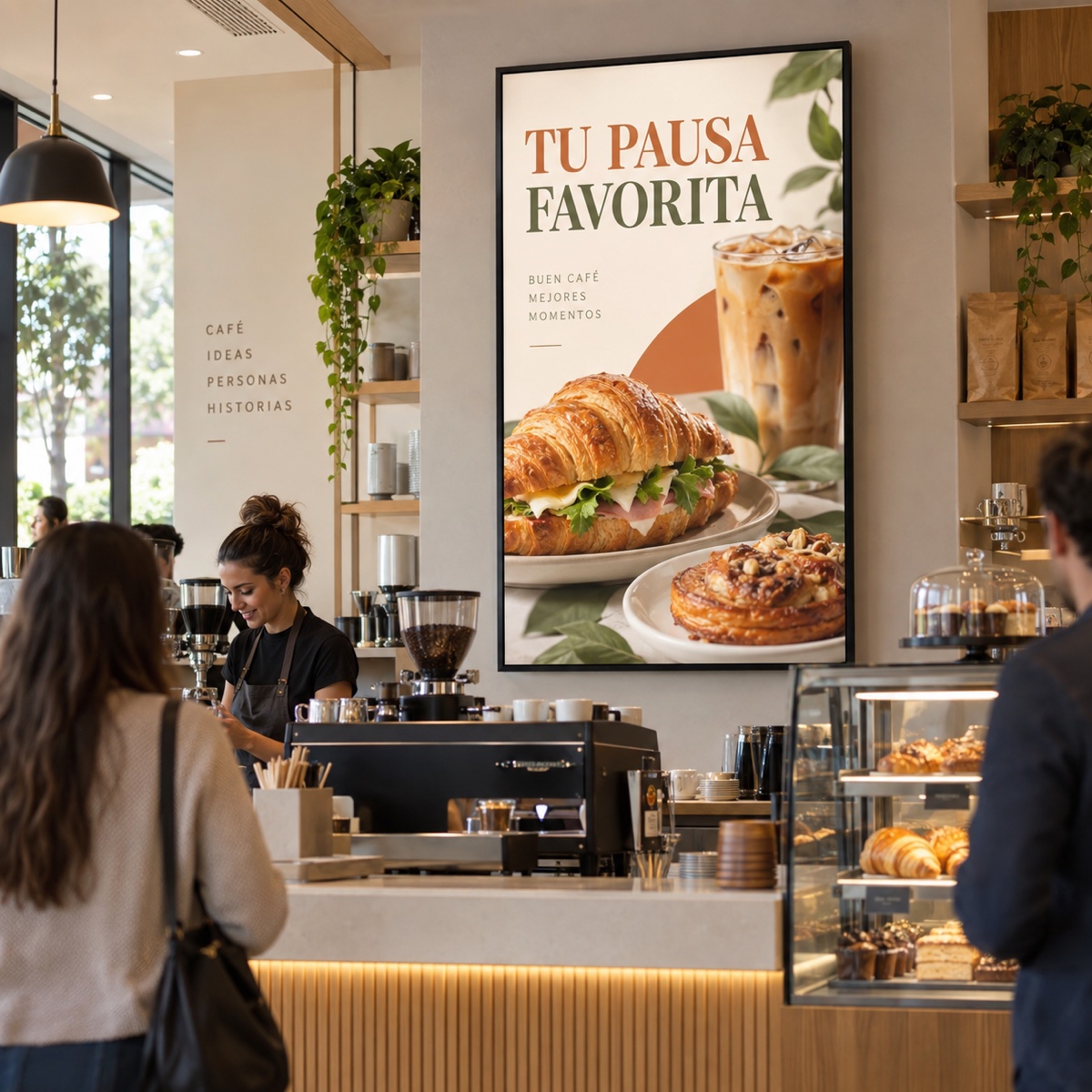 Cafetería con una pantalla vertical que presenta café, sándwiches y pastelería en un menú visual.