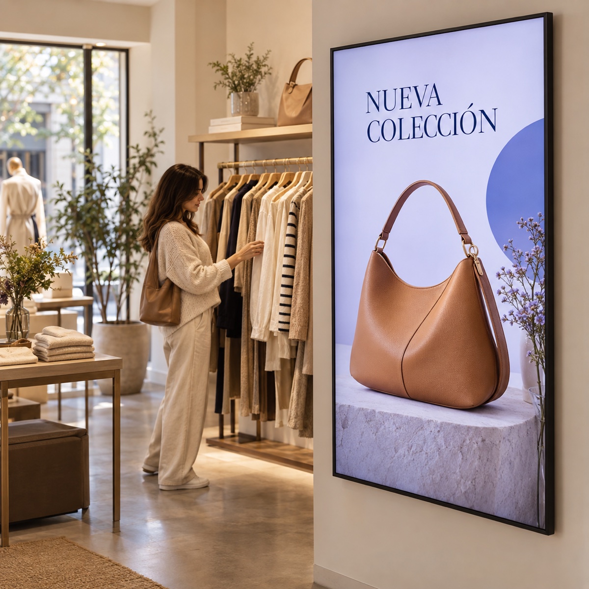 Tienda de moda con una pantalla vertical que muestra una campaña de bolsos junto a sus productos.